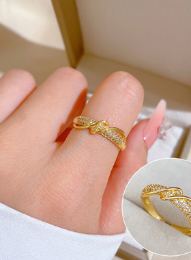 18K镀金开口扭曲女时尚微镶轻奢指环食指戒网红同款冷淡风