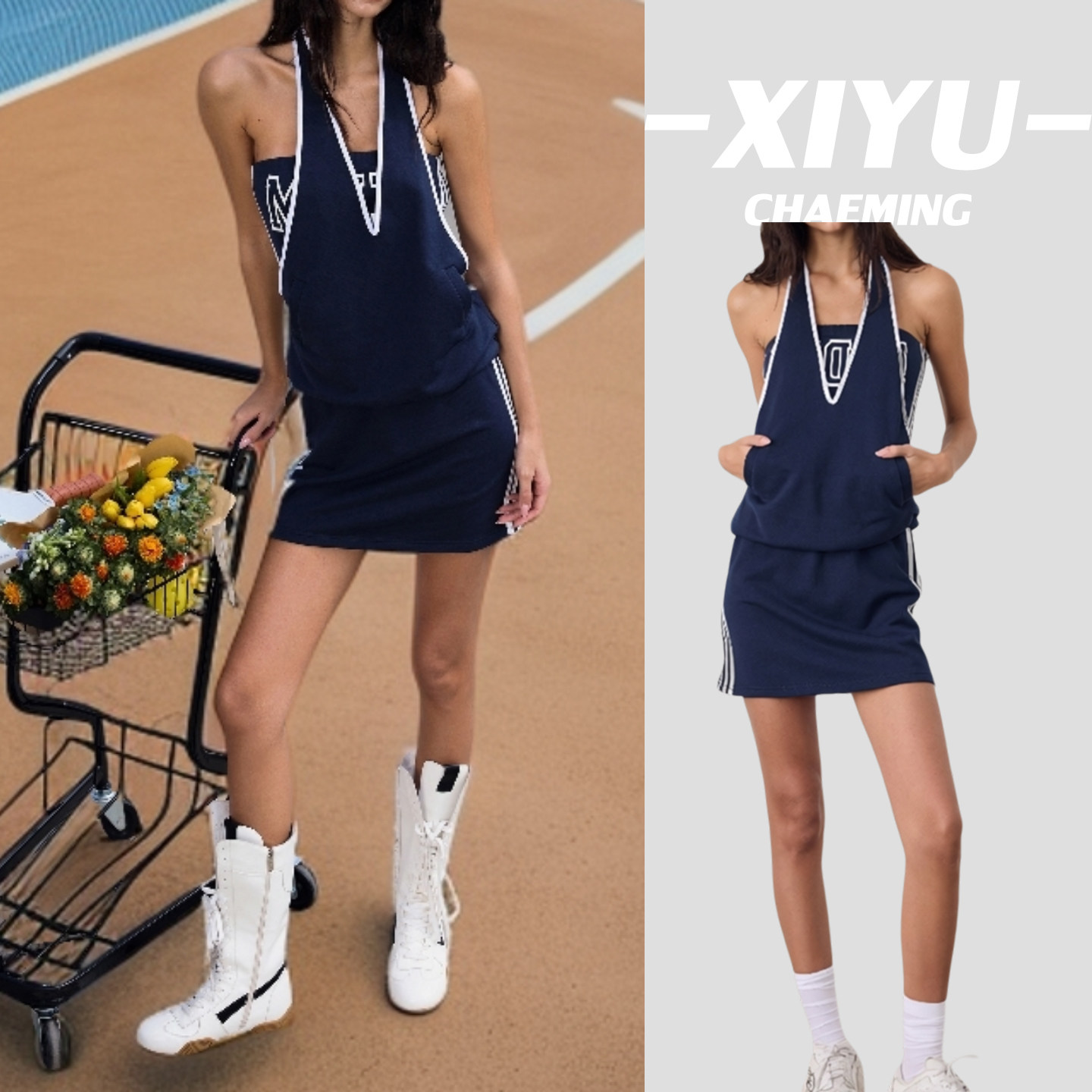 夏季美式复古挂脖显瘦连衣裙