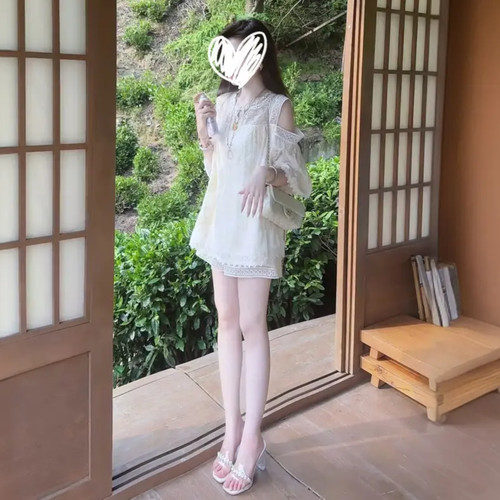 蕾丝新中式国风露肩上衣短裤套装