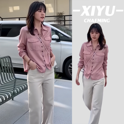 港风粉色长袖牛仔衬衫女显瘦