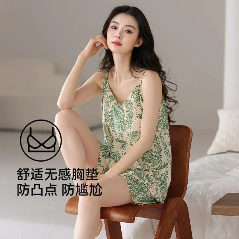 吊带睡衣女夏带胸垫V领ins宽松可外穿大码性感薄款家居服夏天套装