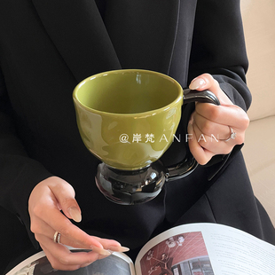 复古轻奢绿黑撞色陶瓷水杯马克杯拿铁咖啡杯小众创意礼物早餐杯