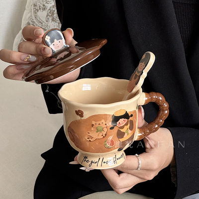 牛奶咖啡家用带盖勺水杯陶瓷可爱