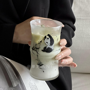 新中式 岸梵 熊猫玻璃杯拿铁咖啡杯女高颜值家用喝水杯子果汁茶杯