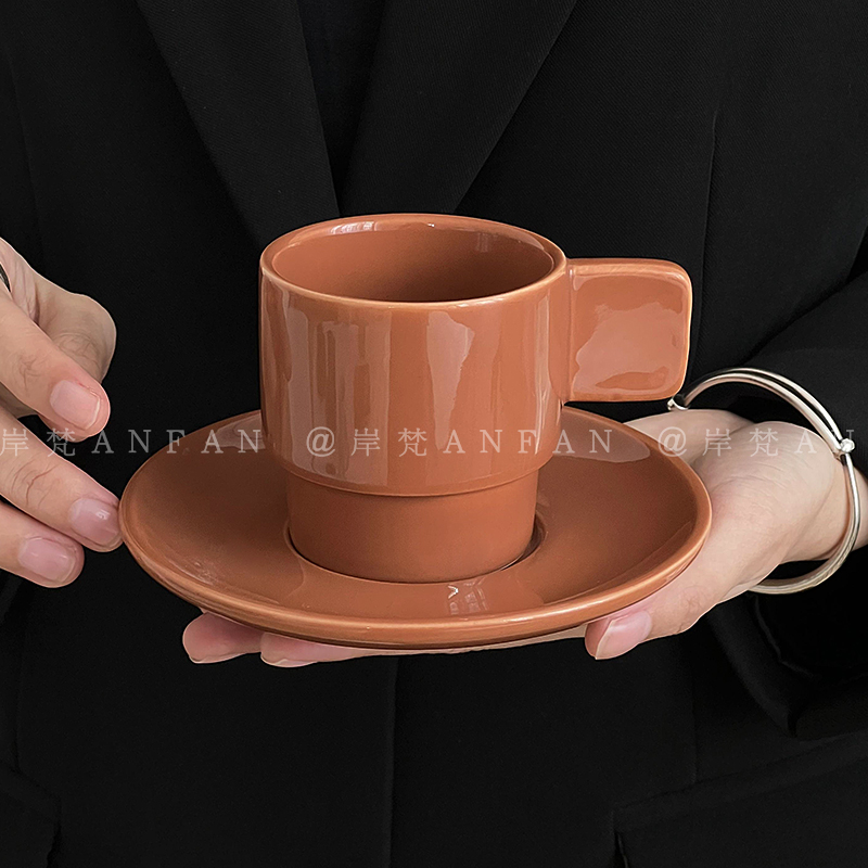 岸梵*北欧风棕色方形手柄杯碟拿铁咖啡杯早餐杯办公下午茶马克杯