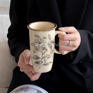 岸梵复古花卉大容量陶瓷杯法式 家用马克杯咖啡杯子水杯花茶杯子