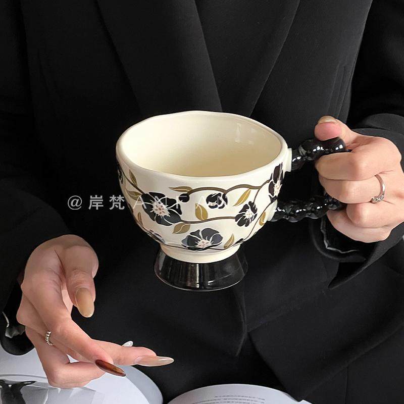 中古风蔷薇复古花朵陶瓷高脚马克杯黑色珠珠大把手杯水杯伴手礼,餐饮具,马克杯,淘宝优惠券,粉丝福利购,淘宝优惠卷