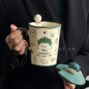创意陶瓷马克杯咖啡杯情侣杯办公水杯好看的杯子涂鸦茶杯带盖勺