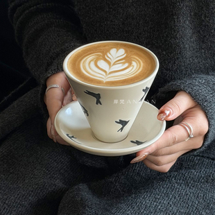 岸梵复古粗陶咖啡杯碟手握杯陶瓷杯马克杯子拉花拿铁杯情侣早餐杯