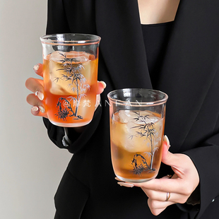岸梵复古竹子敞怀杯透明玻璃杯饮品杯冰美式杯办公室喝水杯饮料杯