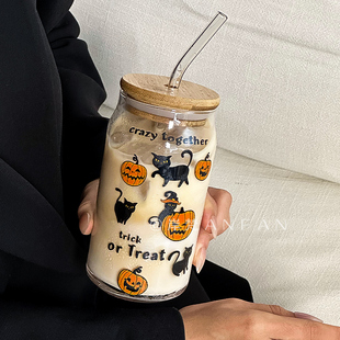 岸灯万圣节玻璃杯南瓜水杯情侣咖啡牛奶果汁饮料杯子家用创意可爱