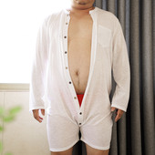 胖熊加大码 男士 内衣家居服长袖 紧身连体裤 性感连体衣纯色微透薄款