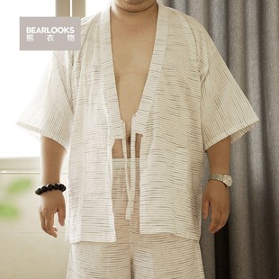 胖熊套装 男士 性感浴衣大码 家居服和服棉布短袖 睡衣条纹提花 短裤