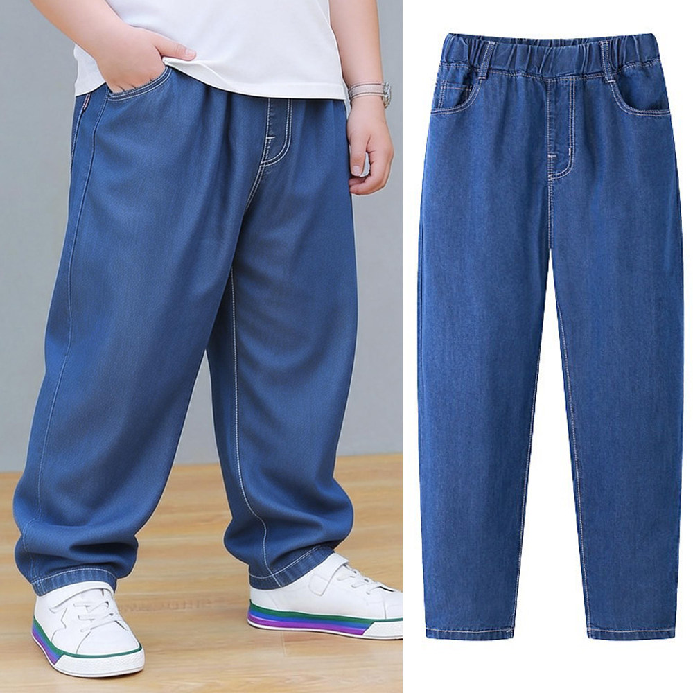 胖童儿童天丝裤子春装薄款夏季防蚊裤宽松大童休闲男童牛仔裤加肥