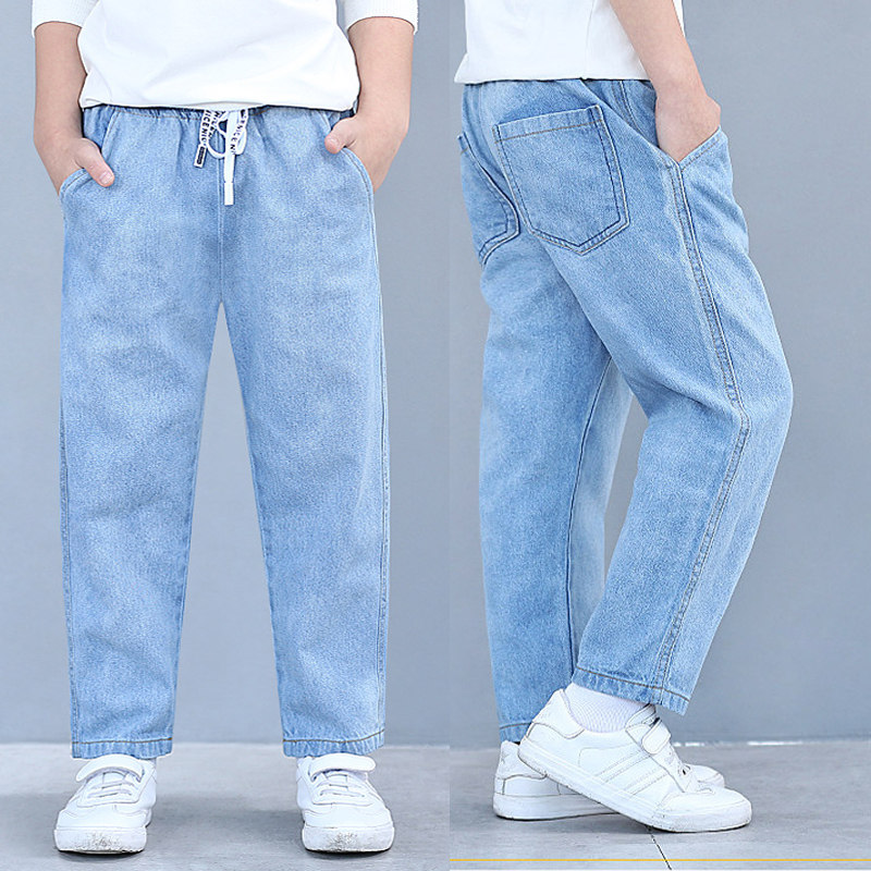 胖童男童直筒牛仔裤浅蓝色春秋中大童裤子阔腿宽松长裤加大加肥