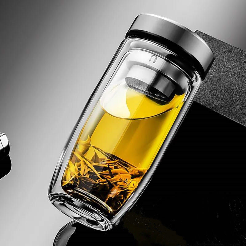 双层高硼硅茶水分离便携玻璃杯