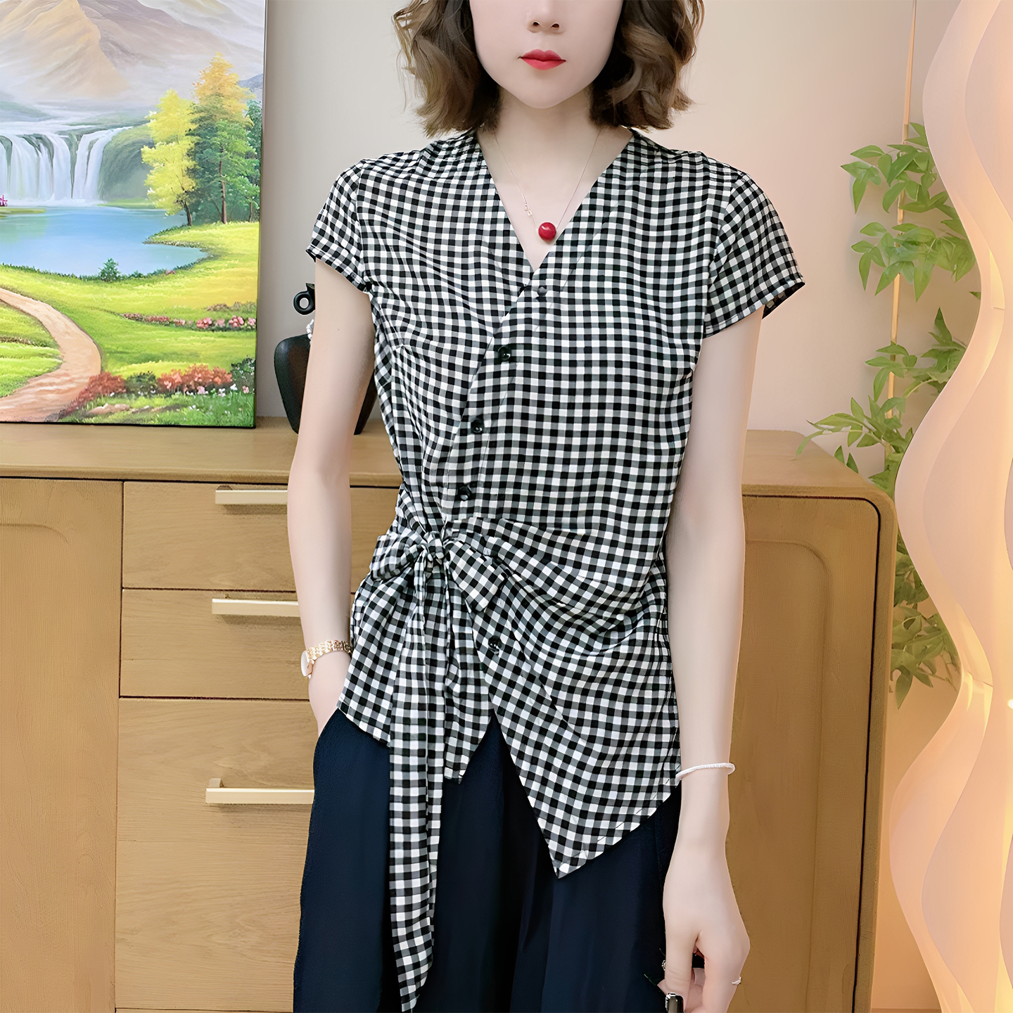 妈妈装夏季V领斜门襟系带格子短袖小衫中年女时尚T恤百搭女士上衣