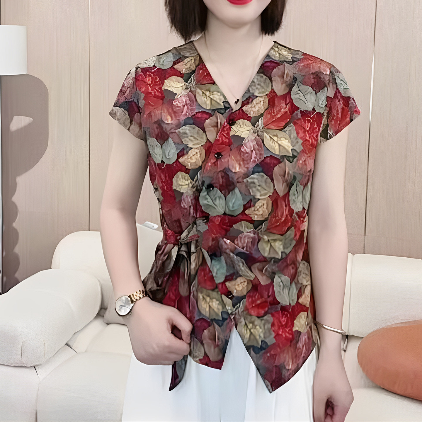 妈妈装夏V领斜门襟系带树叶印花短袖小衫时尚女洋气T恤百搭女上衣