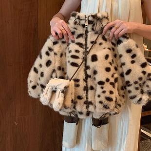 女童加绒加棉加厚外套豹纹2025新款小童洋气冬装女宝宝毛毛衣外套