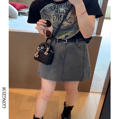 圆领短袖T恤高腰显瘦a字牛仔裙