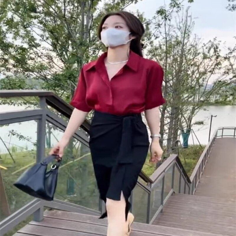 2025夏季新款高级感短袖衬衫女时尚洋气开叉包臀半身裙两件套装潮