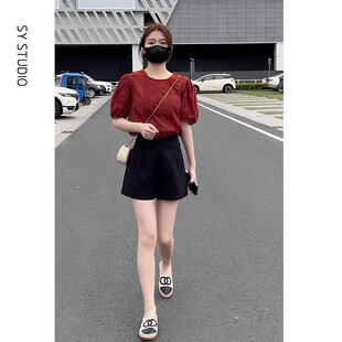 小个子穿搭一整套时尚泡泡袖纯色短袖衬衫女高腰西装短裤减龄套装