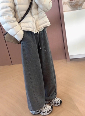 灰色加厚裤子女阔腿裤宽松bf慵懒风加绒卫裤遮胯弯刀裤大码休闲裤