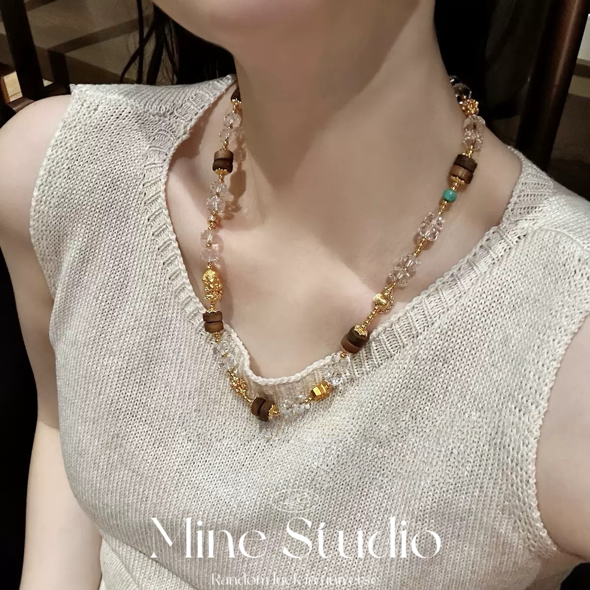 Mine Studio·新款新中式白水晶沉香招mi项链毛衣链女新年款冰透