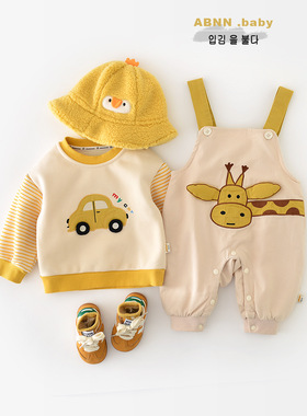 宝宝韩版秋冬加绒背带裤儿童新款长颈鹿刺绣一体绒连体衣55768