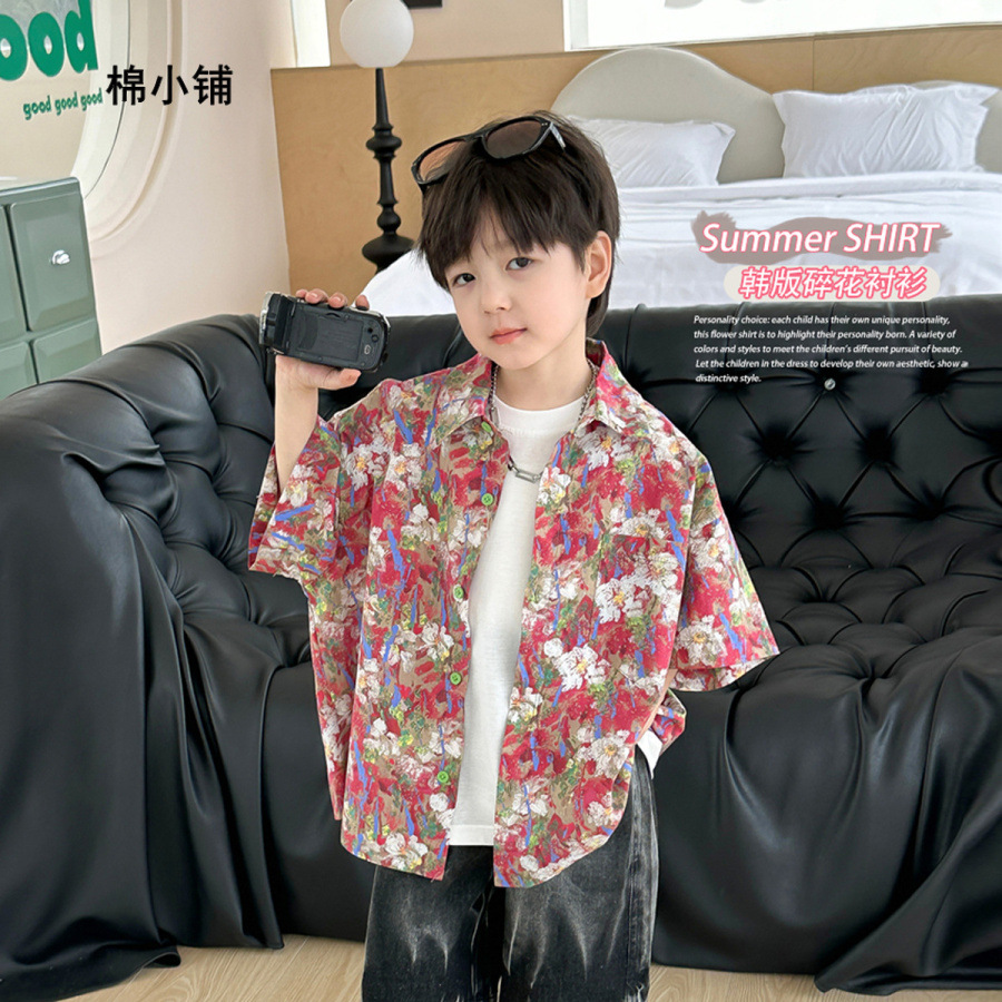 男童夏装短袖衬衫2025夏季新款儿童衬衣韩版碎花宽松薄款上衣潮范
