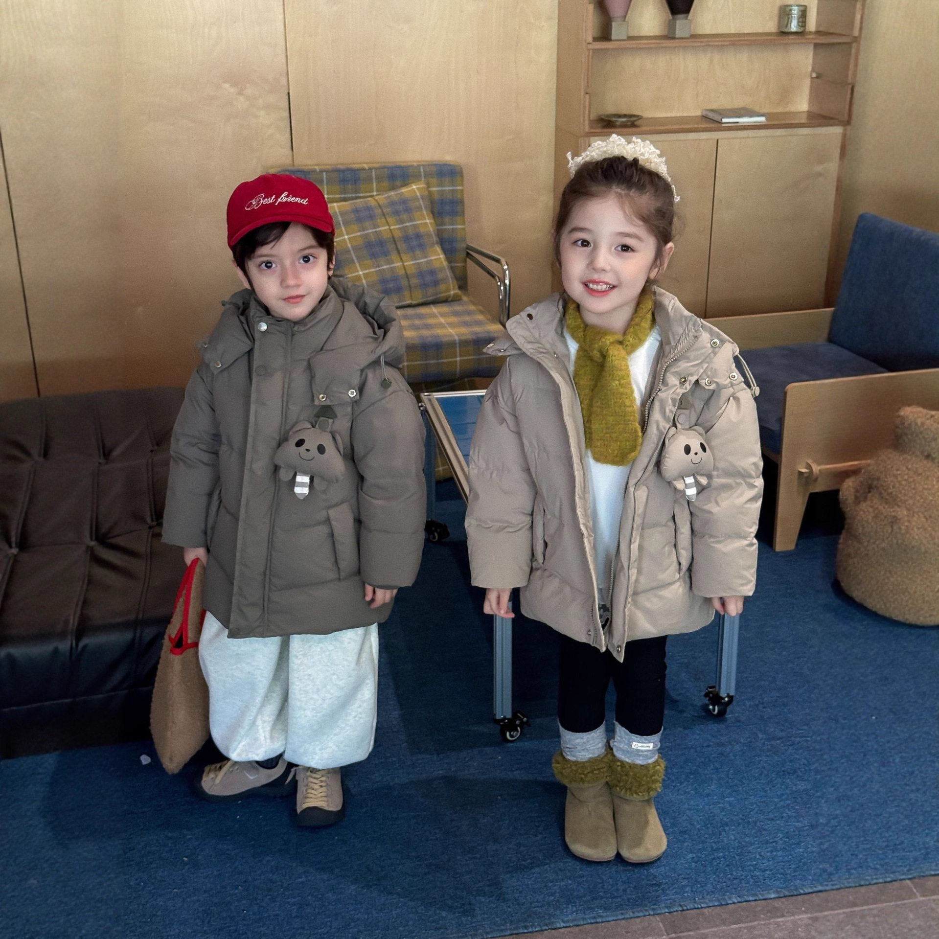 邦诚男童羽绒服2025冬季新男女童连帽中长款90白鸭绒外套杜邦