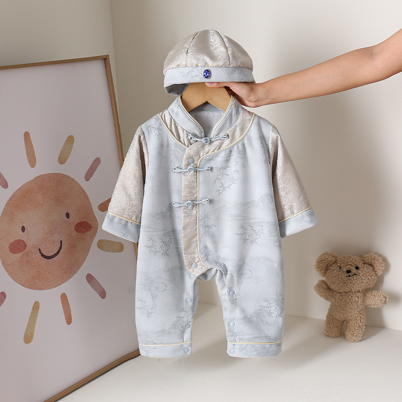 婴儿秋装中国风连体衣男女宝宝满月周岁新中式纯棉爬服长袖送