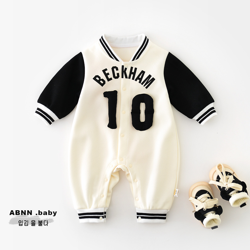 新生婴儿黑白拼接数字春装爬服 男女宝宝字母开衫运动连身衣51630