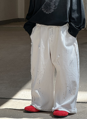 男童牛仔裤儿童秋季韩版2025新款白色童装毛边潮酷宽松长裤休闲裤