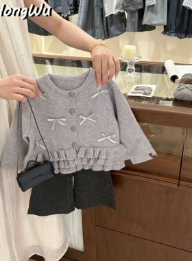 【粉红屋】原创！女童蝴蝶结灰色荷叶边针织开衫毛衣外套女宝