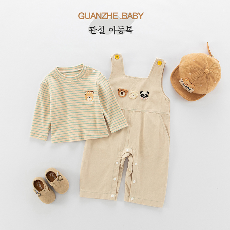 婴儿连体衣宝宝衣服背带裤纯棉a类套装可爱条纹上衣秋装爬爬服