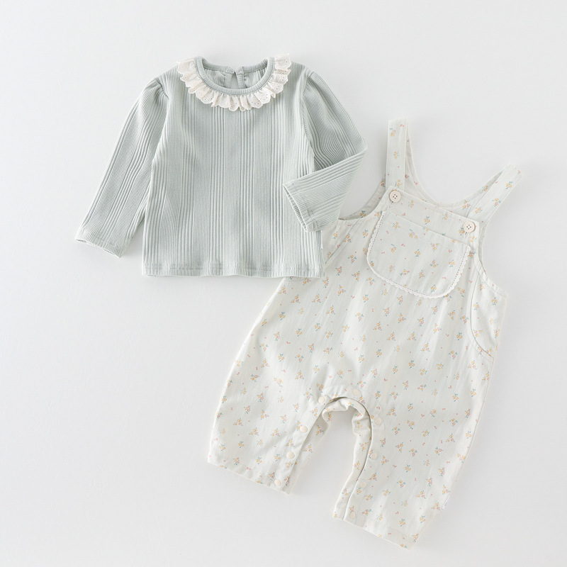 婴儿秋装连体衣女宝宝衣服可爱长袖上衣背带裤子秋季两件套装 a类