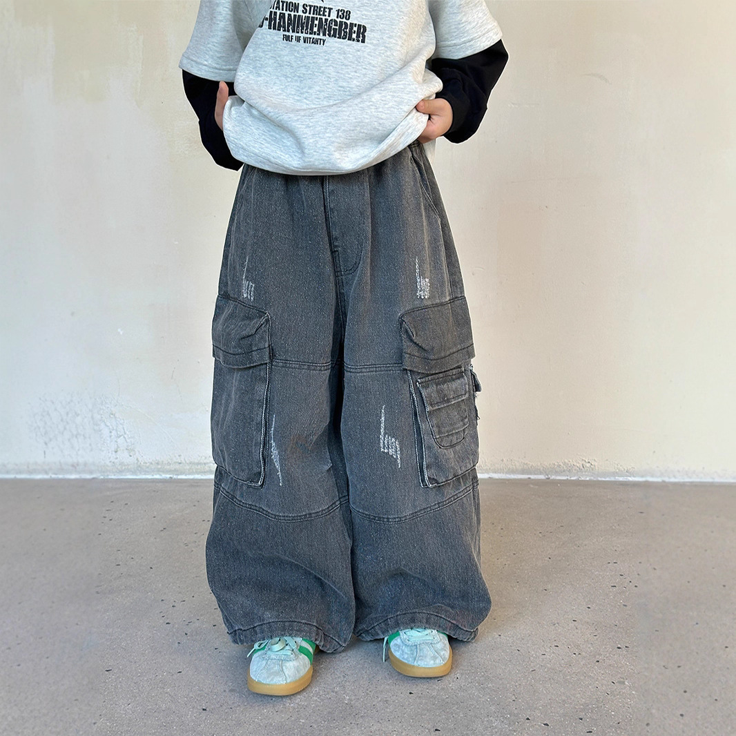 2025秋季新款儿童韩版重工牛仔裤男宝宝撒银设计款时尚工装裤潮范