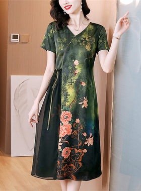 新中式旗袍连衣裙真丝香云纱印花
