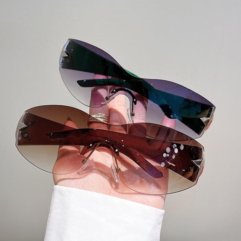 欧美新款五角星太阳镜连体无框墨镜弧形个性时尚骑行户外眼镜