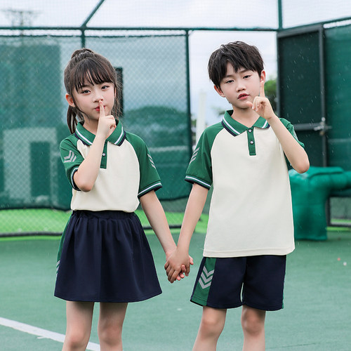 夏季小学生绿色校服涤纶运动风儿童班服短袖套装毕业夏天幼儿园服