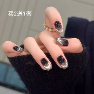 暗黑主义穿戴甲法式猫眼假指甲贴片手工可拆卸指甲片美甲成品中长