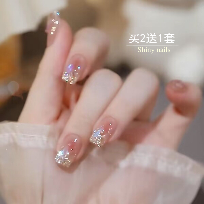 爆闪亮晶晶穿戴甲指甲贴片成品温精灵同款假指甲贴片短款美甲甲片