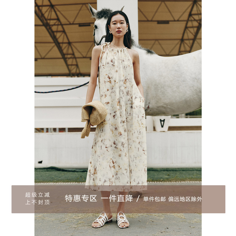 DU家手绘印花浪漫露肩挂脖连衣裙