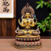 尼泊尔工艺四臂观音造像黄铜鎏金四臂观音佛像纯铜手工錾刻摆件