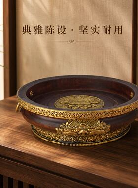 藏式红木黄铜浮雕供果盘