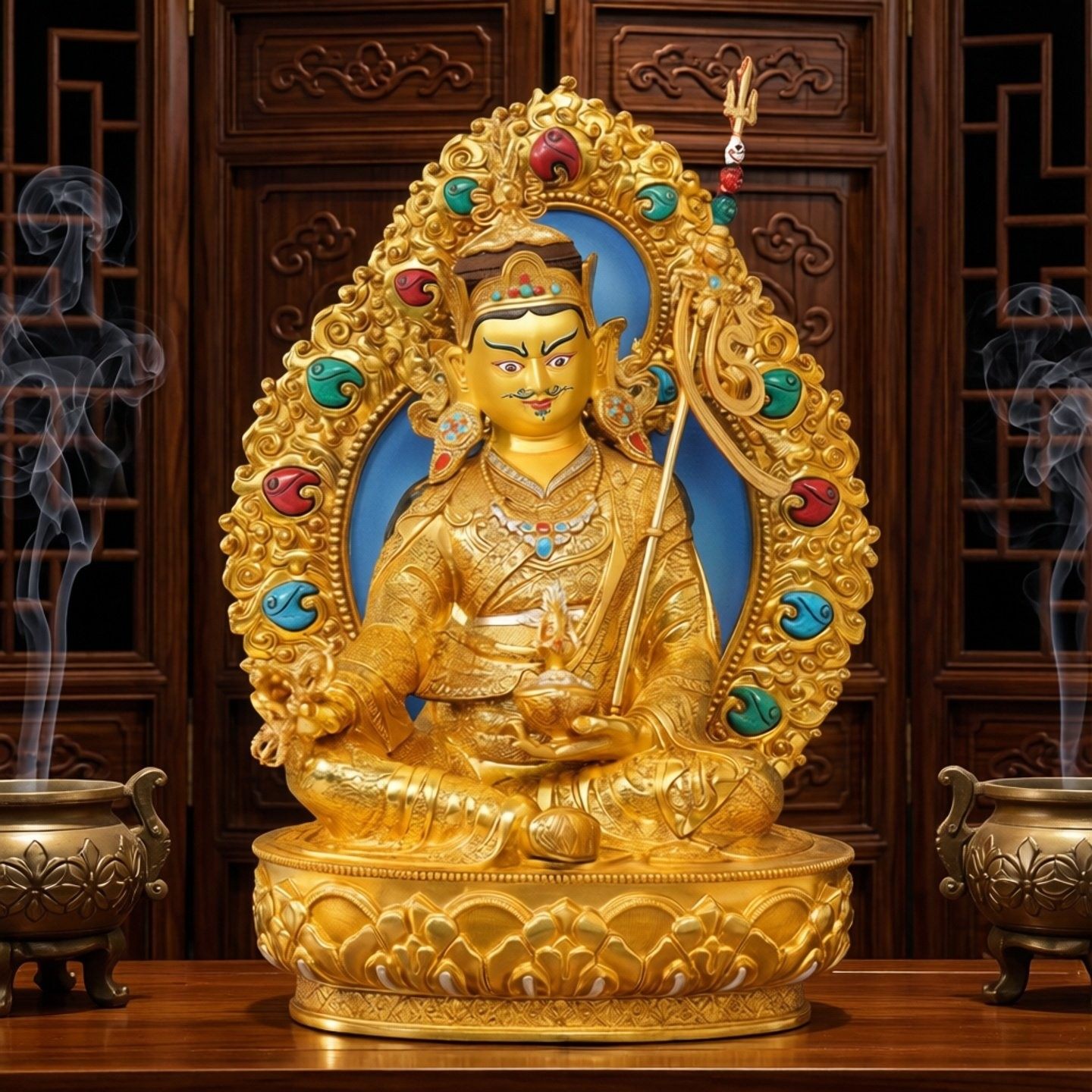 尼泊尔工艺带背光黄铜莲花生大士佛像纯铜手工錾刻莲师铜像摆件