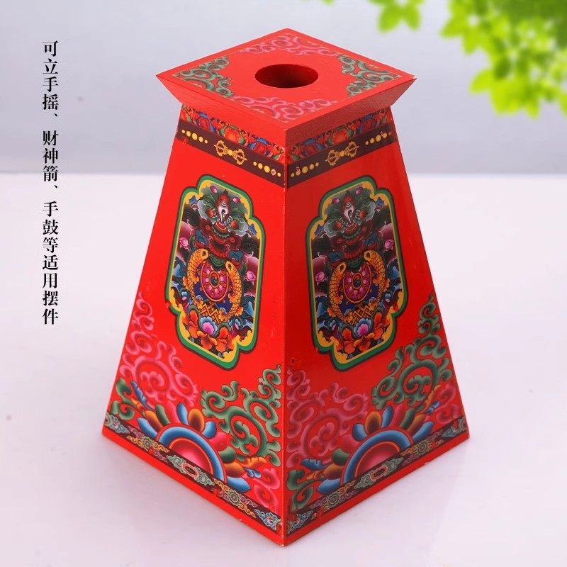 藏式fa鼓底座家用手摇木底座彩绘八吉祥财神箭矩形禅杖法器底座