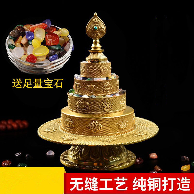 藏式曼扎盘纯铜无缝工艺八吉祥雕花密宗法器曼茶罗曼达盘送宝石