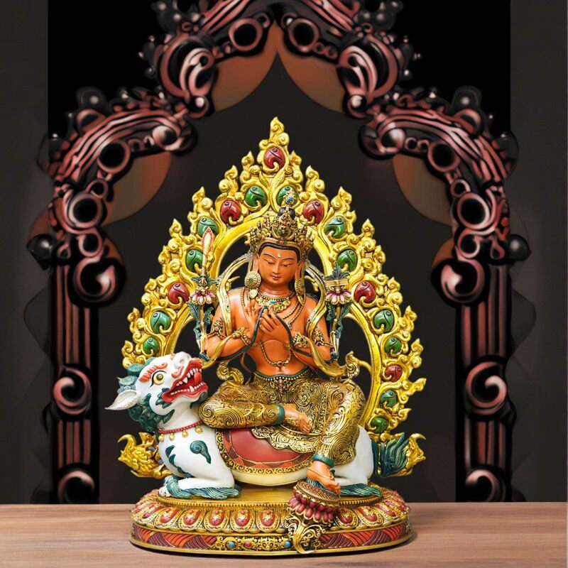 尼泊尔工艺新品彩绘热灼色骑狮文殊菩萨佛像纯铜手工錾刻供佛摆件
